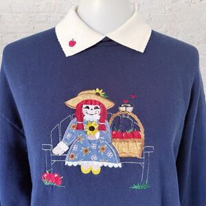 Vintage 90s WhimZ Folk Art Grannycore Rag Doll Sunflower Lace Collar Sweatshirt